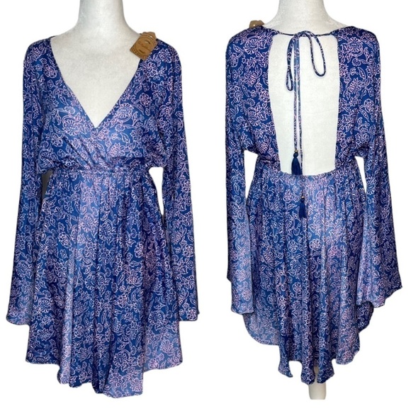 the apocrathy Dresses & Skirts - Artisan Bohemian Purple Floral bell sleeve high waisted Mini Dress size M/L, NWT